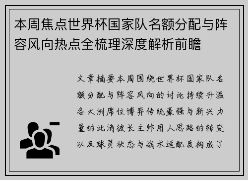 本周焦点世界杯国家队名额分配与阵容风向热点全梳理深度解析前瞻